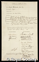 Prestwich, Sir Joseph: certificate of election to the Royal Society