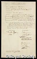 Belcher, Sir Edward: certificate of candidature for the Royal Society