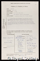 Glanville, Sir William Henry: certificate of election to the Royal Society