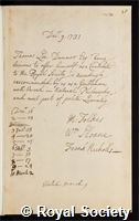Dummer, Thomas Lee: certificate of election to the Royal Society