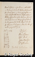 Catesby, Mark: certificate of election to the Royal Society