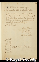 Freman, William: certificate of election to the Royal Society