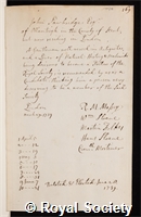 Sawbridge, John: certificate of election to the Royal Society
