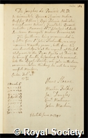 Panicis, Josephus de: certificate of election to the Royal Society