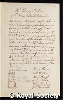 Baker, Henry: certificate of election to the Royal Society