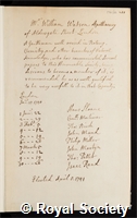 Watson, Sir William: certificate of election to the Royal Society