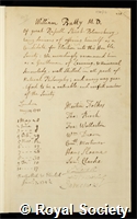 Battie, William: certificate of election to the Royal Society