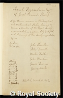 Reynardson, Samuel: certificate of election to the Royal Society