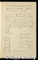 Milles, Jeremiah: certificate of election to the Royal Society