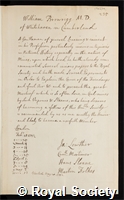Brownrigg, William: certificate of election to the Royal Society