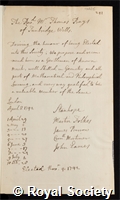 Bayes, Thomas: certificate of election to the Royal Society