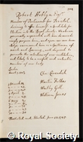 Hoblyn, Robert: certificate of election to the Royal Society