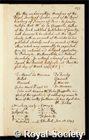 Chapelle, Jean Baptiste de la: certificate of election to the Royal Society