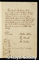 Jackson, Rowland: certificate of election to the Royal Society