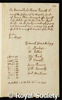 Burnett, Sir Thomas: certificate of election to the Royal Society