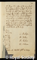 Ellis, Henry: certificate of election to the Royal Society