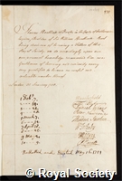 Heathcote, Sir Thomas: certificate of election to the Royal Society