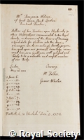 Wilson, Benjamin: certificate of election to the Royal Society