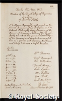 Morton, Charles: certificate of election to the Royal Society