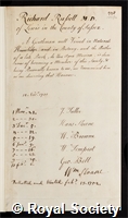 Russell, Richard: certificate of election to the Royal Society