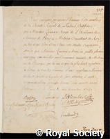 Quesnay, Francois: certificate of election to the Royal Society