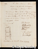 Forster, Nathaniel: certificate of election to the Royal Society