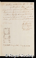 Addington, Anthony: certificate of election to the Royal Society