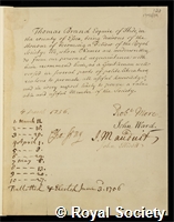 Hollis, Thomas Brand: certificate of election to the Royal Society