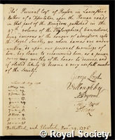Percival, Thomas: certificate of election to the Royal Society
