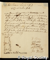 Lisle, Thomas: certificate of election to the Royal Society