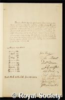 Hollis, Thomas: certificate of election to the Royal Society