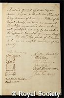 Grindall, Richard: certificate of election to the Royal Society