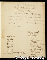 Saunders, Erasmus: certificate of election to the Royal Society