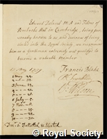 Delaval, Edward Hussey: certificate of election to the Royal Society