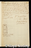 Comyn, James: certificate of election to the Royal Society