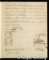 Ryves, Thomas: certificate of election to the Royal Society