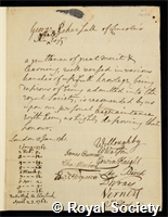 Eckersall, George: certificate of election to the Royal Society