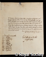 Meuschen, Friedrich Christian: certificate of election to the Royal Society