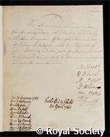 Bergman, Torbern Olof: certificate of election to the Royal Society