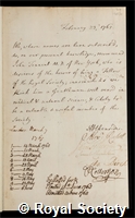 Tennent, John Van Brugh: certificate of election to the Royal Society