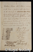 Hunter, William: certificate of election to the Royal Society