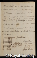 Smith, Adam: certificate of election to the Royal Society