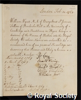 Wyatt, William: certificate of election to the Royal Society