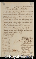 Dickson, Thomas: certificate of election to the Royal Society