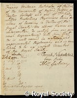 Milman, Sir Francis: certificate of election to the Royal Society