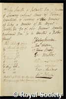 Smith, Sir John: certificate of election to the Royal Society
