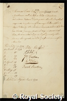 Cave, Sir Thomas: certificate of election to the Royal Society