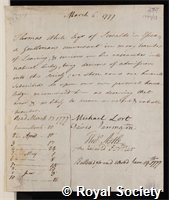 White, Thomas: certificate of election to the Royal Society