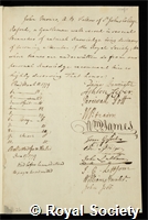 Monro, John: certificate of election to the Royal Society