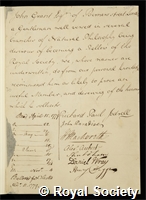 Grant, John: certificate of election to the Royal Society